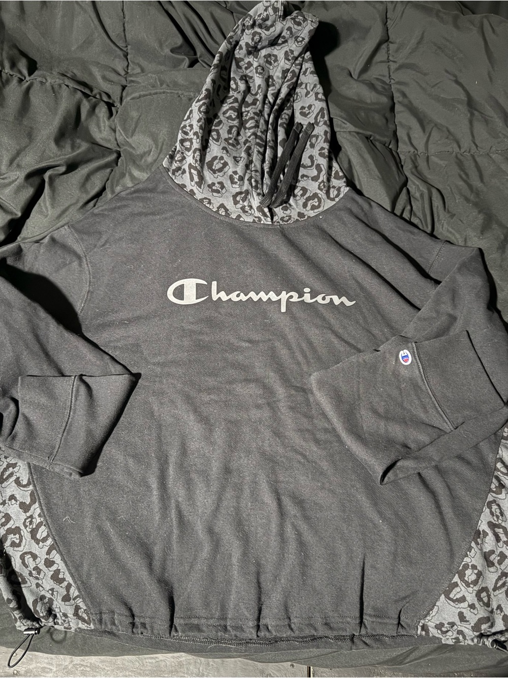 Champion Black Hoodie with Gray Leopard-Print Hood